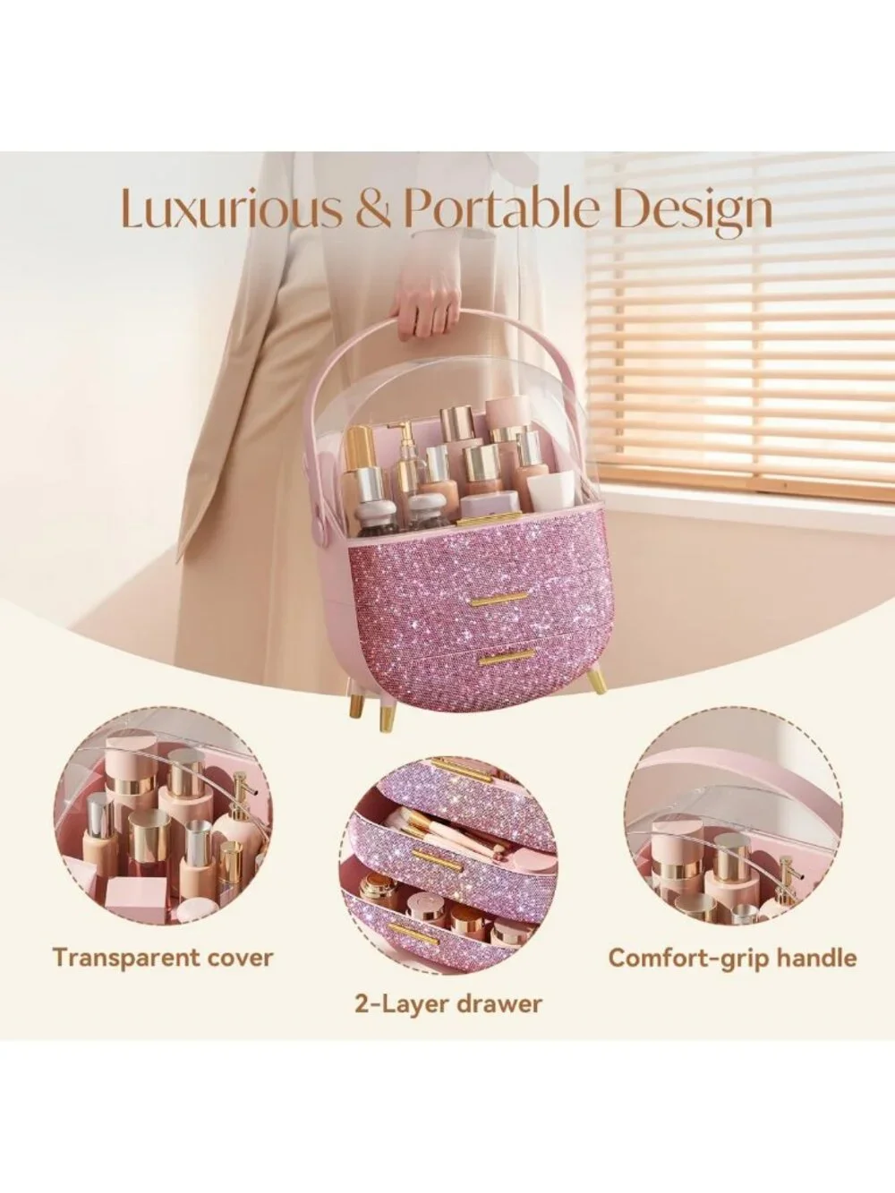 Chic Bling Makeup Organizer - Clear Cosmetic Display Case for Teen Girls, Pink
